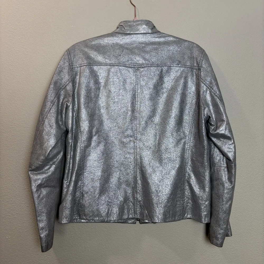 Chico's Lavish Luster Metallic Silver Leather Motorcycle‎ Jacket Sz 1 Medium Y2K